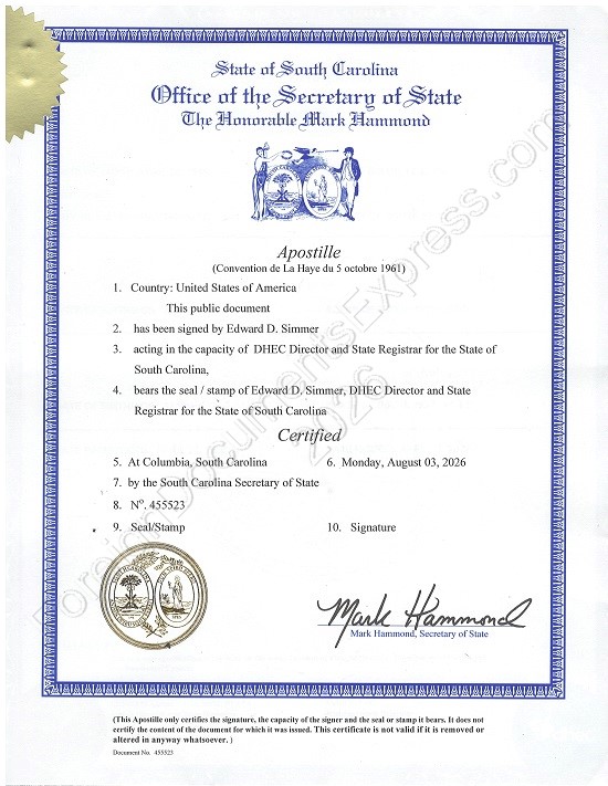 South Carolina apostille Apostille from South Carolina